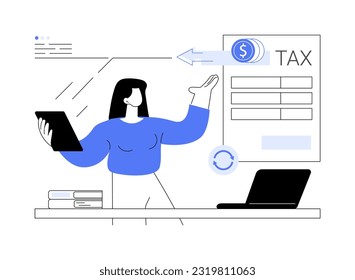 Tax return abstract concept vector illustration. Happy businesswoman with tax deduction paper, banking data, financial report, money revenue, professional accountant manager abstract metaphor.