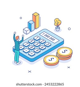 Tax return concept. Characters preparing documents for tax calculation, making income tax return and calculating business invoices. Taxation concept. Outline Isometric vector illustration. 