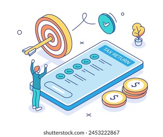 Concepto de declaración de impuestos. Caracteres que preparan documentos para el cálculo de impuestos, hacen declaraciones de impuestos y calculan Facturas comerciales. Concepto fiscal. Ilustración vectorial isométrica de contorno. 