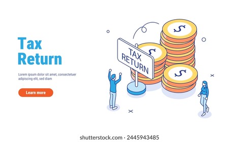 Tax return concept Isometric vector illustration. Characters preparing documents for tax calculation, making income tax return and calculating business invoices. Taxation concept.