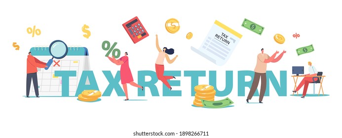 Tax Return Concept. Male and Female Characters Getting Money Refund for Purchasing or Shopping in Duty Free Store. People Save Money, Economy Poster, Banner, Flyer. Cartoon Vector Illustration