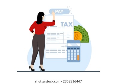 Tax return concept, optimization, financial accounting. Successful businesswoman paying big taxes with calculator. Tax deduction. Vector illustration in flat design for UI, banner, mobile app.