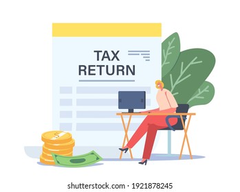 Tax Return Concept. Tiny Businesswoman Character Sitting at Workplace Desk with Computer near Huge Taxation Refund Document. Money Income, Financial Statement. Cartoon Vector People Illustration