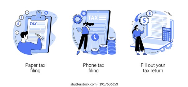 Tax return deadline abstract concept vector illustration set. Paper or phone tax filing, fill out your tax return, financial report, money refund, business profit, budget planning abstract metaphor.