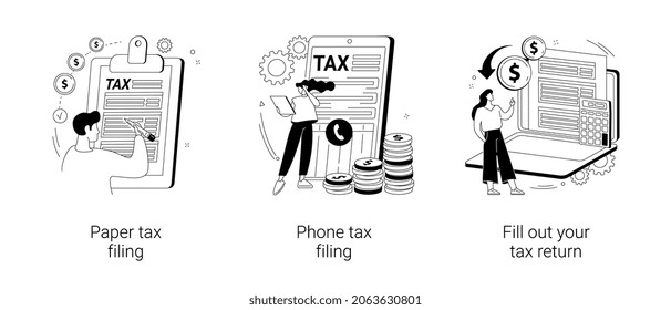 Tax return deadline abstract concept vector illustration set. Paper or phone tax filing, fill out your tax return, financial report, money refund, business profit, budget planning abstract metaphor.