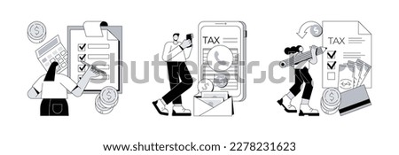 Tax return deadline abstract concept vector illustration set. Paper or phone tax filing, fill out your tax return, financial report, money refund, business profit, budget planning abstract metaphor.
