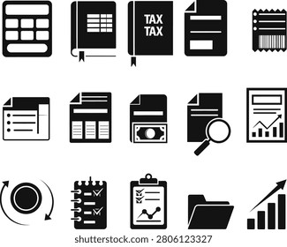  Tax Return and Financial Audit Icon Set. Vector Flat Black Silhouette Icons for Business Accounting, Tax Book, Calculator, Invoice Receipt, Financial Report Analysis, and Profit Growth