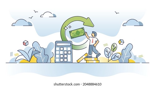 Tax return and financial money income after VAT calculation outline concept. Paying back government overpayment after receiving report vector illustration. Happy businessman with positive balance.