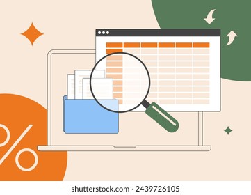 Tax return folder design concept. Spreadsheet table with data calculation. Tax preparation, financial record folder illustrations with document organization vector outline graphics