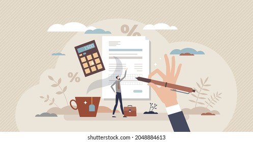 Tax return form as document for VAT payment calculation tiny person concept. Financial taxation refund or get back overpaid money from government vector illustration. Business accountancy balance work