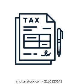 Tax Return Form Documents With Signature. Filled And Signed Tax Form Icon. Tax Form Files With Pen. Vector Flat Line Icon