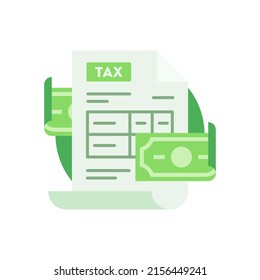 Tax return form icon. Paper document with cash in circle. Completed income taxation page. Vector flat style icon