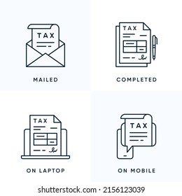 Tax return form icon set. Contains such Icons as Letter with Tax return form file, Complited Tax return form, Tax return form on laptop and on smartphone. Vector flat line icons