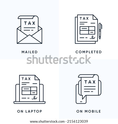 Tax return form icon set. Contains such Icons as Letter with Tax return form file, Complited Tax return form, Tax return form on laptop and on smartphone. Vector flat line icons