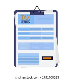 Steuererklärung. Form, Einkommensrechnung. Ein ausgefülltes und registriertes Papier-Dokument über Finanztransaktionen in einem Zwischenablage. Verpflichtung zur Planung von Steuerzahlungen. Vektorgrafik