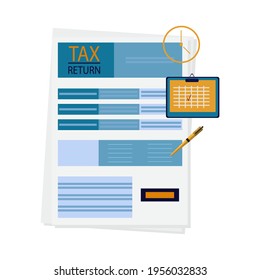 Tax return. Form, income statement. A completed and registered paper document of financial, payment transactions . Obligation to plan tax payments. Clock, pen. Vector