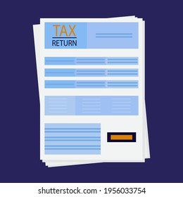 Steuererklärung. Form, Einkommensrechnung. Ein ausgefülltes und registriertes Papier-Dokument über finanzielle Transaktionen, Zahlungsvorgänge. Verpflichtung zur Planung von Steuerzahlungen. Vektorgrafik