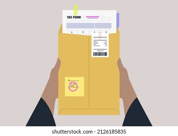 A tax return form with notes and stickers in a yellow envelope, bookkeeping and accounting, financial report