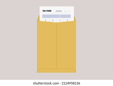 A Tax Return Form In A Yellow Envelope, Bookkeeping And Accounting, Financial Report