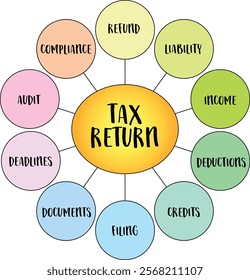 tax return, formal statement filed with the government, an individual’s or entity's income, expenses, and other relevant financial information for specific tax year, diagram infographics.