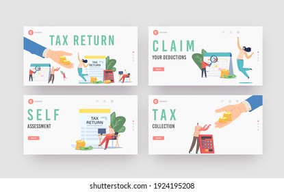 Tax Return Landing Page Template Set. Characters Get Money Refund for Purchasing, Mortgage or Health Care Service. People Save Budget, Huge Hand Give Money to Girl. Cartoon Vector People Illustration