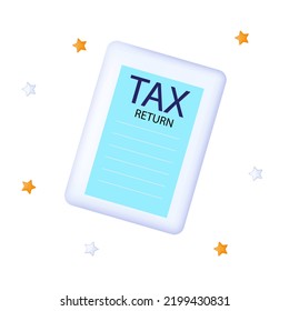 Tax return page with star 3d. Completed information, declaration or scheduled tax inspection. Profit report or annual budget planning. Accounting, finance paper checklist, payment schedule. Vector.