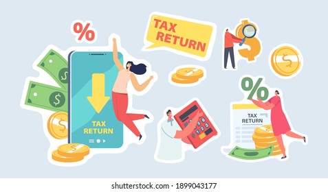 Tax Return Stickers Set. Happy Male and Female Characters Getting Money Refund on Smartphone for Purchasing or Shopping in Online Store. People Economy Save Money. Cartoon Vector Illustration Elements