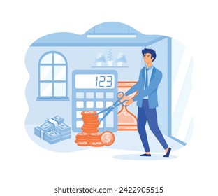 Tax return. Successful businessman cuts heavy taxes with scissors. Tax deduction.  optimization, duty, financial accounting. flat vector modern illustration 