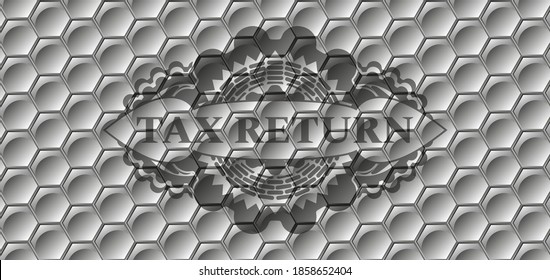 Tax Return text inside grey hexagon geometric style pattern realistic badge. Trendy fancy background. Intense illustration. 