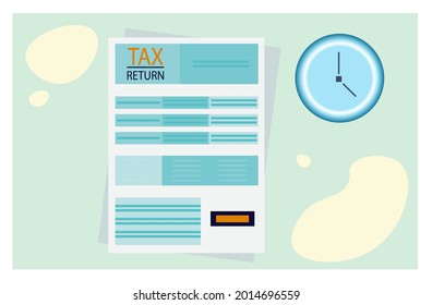 Tiempo de devolución de impuestos. Obligaciones oficiales y hora de pago de los ingresos. Documento sobre el formulario de finanzas, ingresos. Información, informe y declaración de la fecha de vencimiento. Concepto de declaración de impuestos. Ilustración del vector