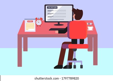 Tax Return vector concept: businessman filling the tax return form in the desktop