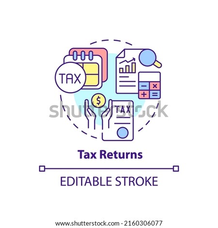 Tax returns concept icon. Financial information. Tax refund. Application abstract idea thin line illustration. Isolated outline drawing. Editable stroke. Arial, Myriad Pro-Bold fonts used