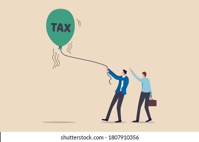 Tax Rise To Pay For Coronavirus COVID-19 Crisis, Government Decision To Raise Tax Rate For Aid Policy In Economic Crisis Concept, Businessmen People Help To Hold Float Rising Balloon With The Word TAX