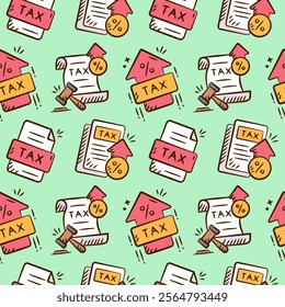 Tax rises doodle background. Finance icon seamless pattern containing hand drawn illustration of tax document, tax inflation policy, value added tax, increasing vat, chart growth.