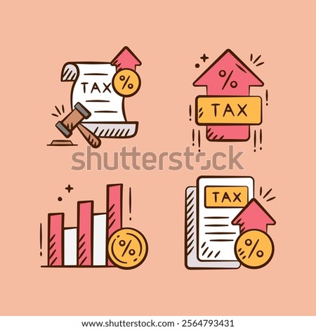 Tax rises doodle icon set. Finance hand drawn sketch illustration collection containing tax document, tax inflation policy, value added tax, increasing vat, chart growth.