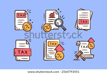 Tax rises doodle icon set. Finance hand drawn sketch illustration collection containing tax document, tax inflation policy, value added tax, increasing vat, chart growth.