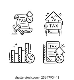 Tax rises doodle isolated outline icon set. Finance hand drawn sketch illustration collection containing tax document, tax inflation policy, value added tax, increasing vat, chart growth.