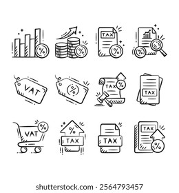 Tax rises doodle isolated outline icon set. Finance hand drawn sketch illustration collection containing tax document, tax inflation policy, value added tax, increasing vat, chart growth.