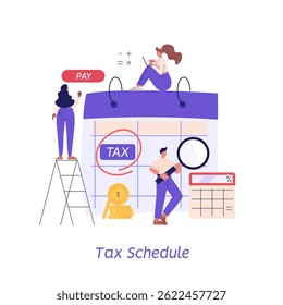 Plano de imposto. As pessoas pagam impostos com uma calculadora. Serviço de administração financeira. Conjunto de gestão financeira, dívida, deveres, auditoria e contabilidade. Ilustração vetorial para interface do usuário, faixa
