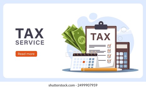 Tax service poster. Calendar, pencil, notepad and calculator. Accounting and budgeting. Financial literacy and expense management. Landing page design. Flat vector illustration