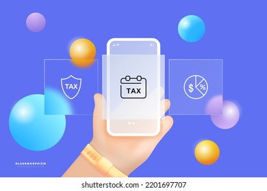 Tax Set Icon. Chart, Analytics, Income, Salary, Chart, Publican, Box, Tax Protection, Expenses, Black Bookkeeping. Ui Phone App Screen With Hand. Glassmorphism. Vector Line Icon For Business