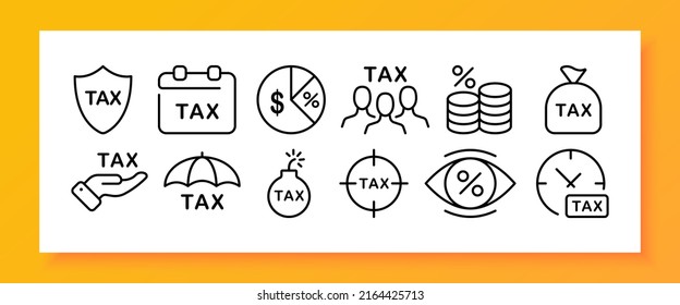 Tax set icon. Protection, calendar, expenses, salary, bomb, bag, discount, cashback, umbrella, income. Money concept. Vector line icon for Business and Advertising