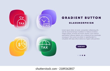 Tax set icon. Protection, no hidden fees, money bag, time to pay, clock, umbrella, budget allocation, dollar, percent. Business concept. Glassmorphism. Vector line icon for Business and Advertising.