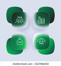 Tax set icon. Protection, tax time, expenses, salary, bomb, bag, discount, cashback, umbrella, income. Money concept. Glassmorphism style. Vector line icon for Business and Advertising