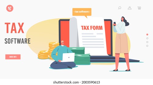 Tax Software Landing Page Template. Online Payment. Woman Filling Application Form. Man with Laptop Make E-filling. Characters Calculating Payment or Finance Report. Cartoon People Vector Illustration