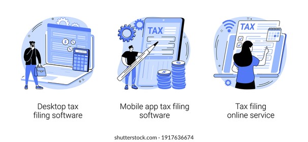 Tax software program abstract concept vector illustration set. Desktop tax filing software, mobile app and online service, income statement, IRS form, gather paperwork abstract metaphor.