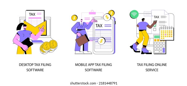 Tax software program abstract concept vector illustration set. Desktop tax filing software, mobile app and online service, income statement, IRS form, gather paperwork abstract metaphor.