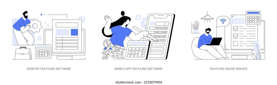 Tax software program abstract concept vector illustration set. Desktop tax filing software, mobile app and online service, income statement, IRS form, gather paperwork abstract metaphor.