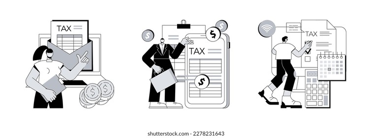 Tax software program abstract concept vector illustration set. Desktop tax filing software, mobile app and online service, income statement, IRS form, gather paperwork abstract metaphor.