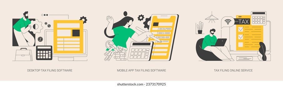 Tax software program abstract concept vector illustration set. Desktop tax filing software, mobile app and online service, income statement, IRS form, gather paperwork abstract metaphor.